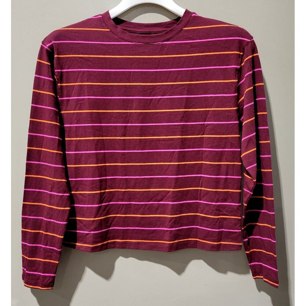 A New Day Burgundy w/ Pink & Orange Thin Stripes LS Soft Cotton Tee -- Small 4-6 - Picture 1 of 7